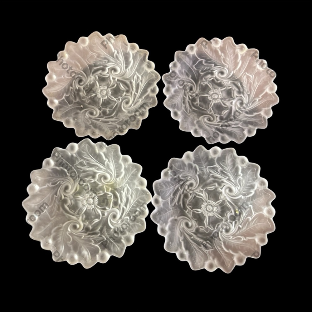 Vintage Indiana Glass “Wild Rose” Pattern Frosted Dessert Berry Bowls Set Of 4